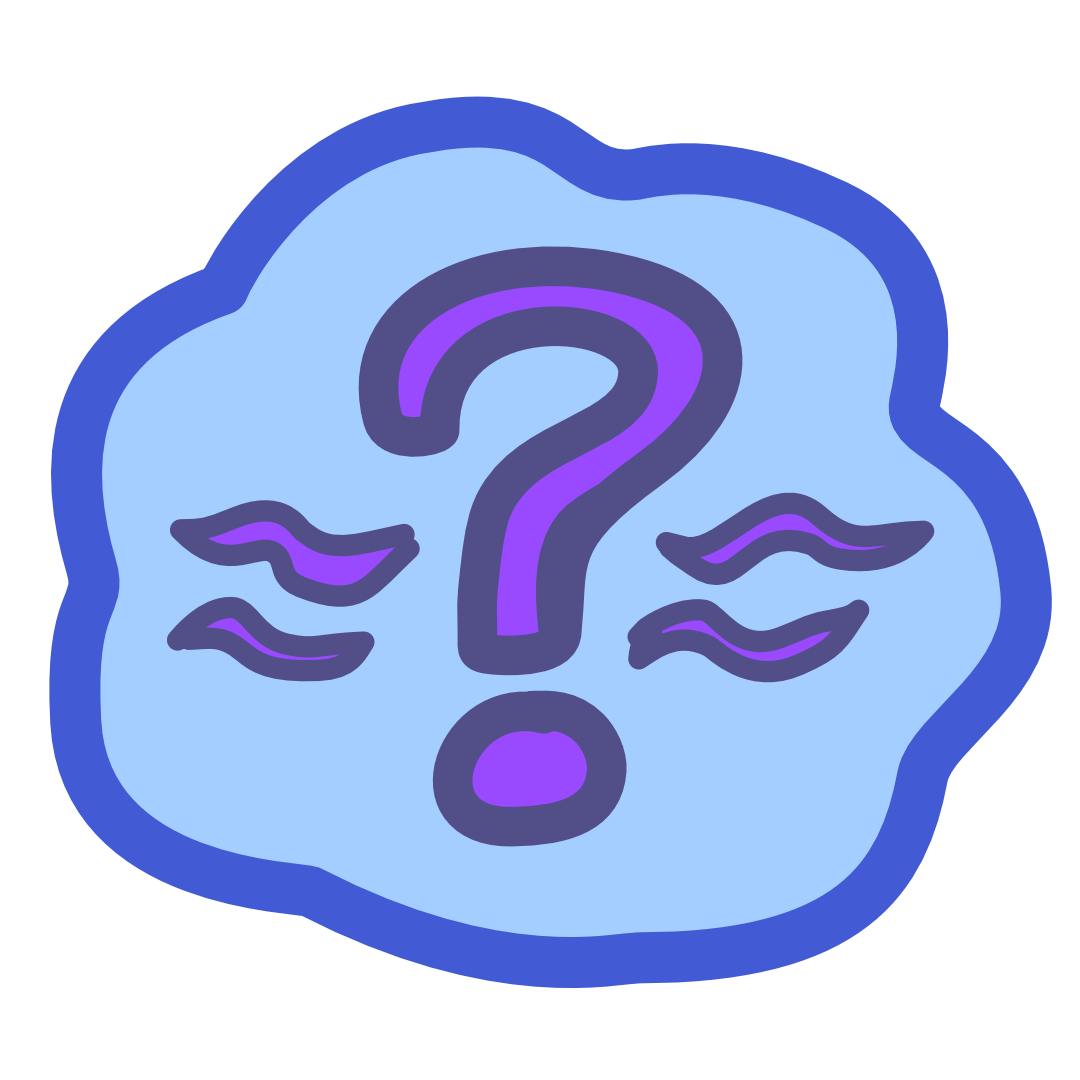 A blue cloud with a purple question mark in it. On either side of the purple question mark are 2 squiggles